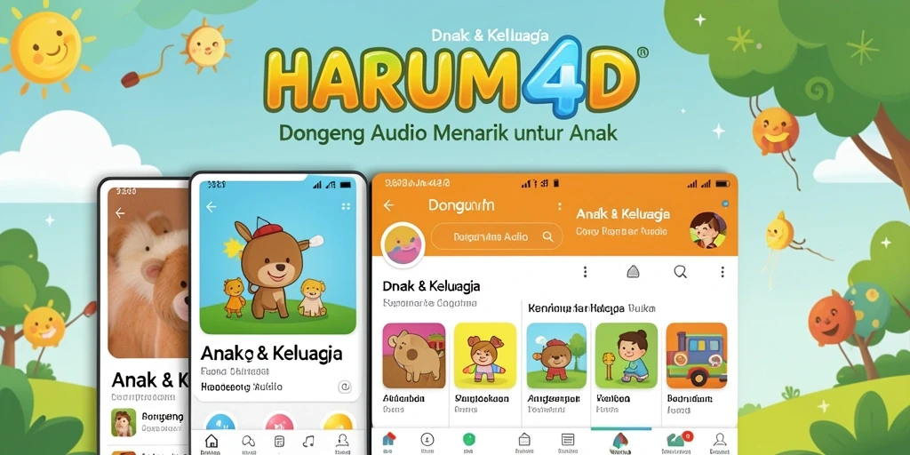 Tampilan aplikasi HARUM4D dengan pilihan cerita audio yang beragam.