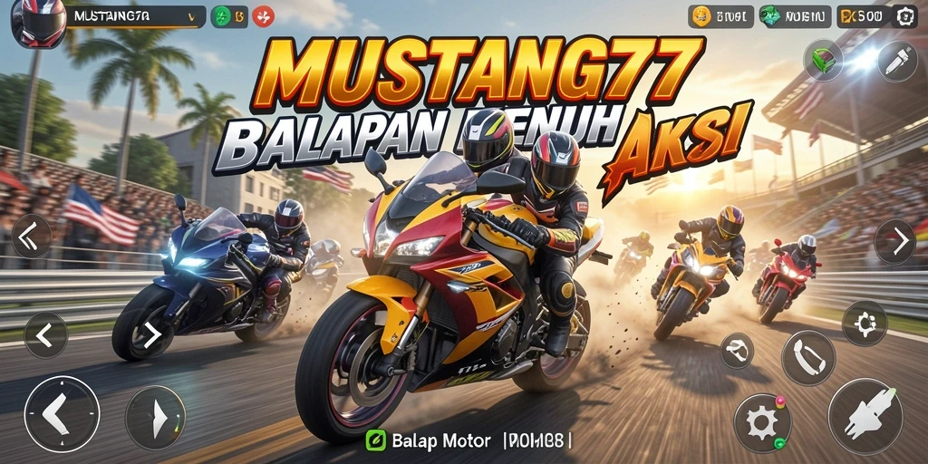 Tampilan antarmuka MUSTANG77 yang menampilkan balapan motor yang seru.