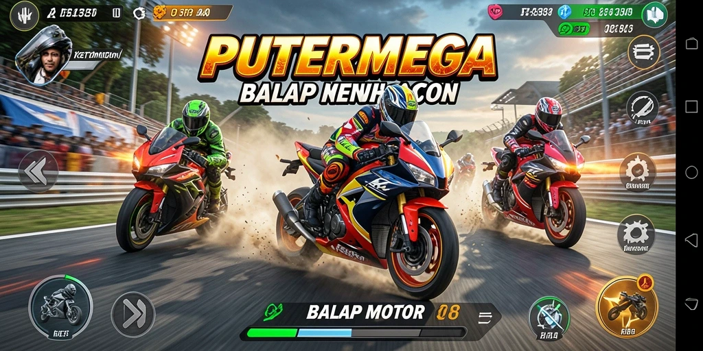 Antarmuka balap motor PUTERMEGA yang menarik dan interaktif.